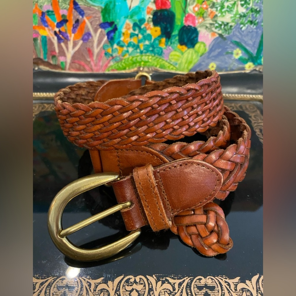 Partners Women’s Braided Leather Belt, Gold Brass Connectors, Light Brn Size M/L